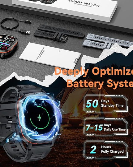 Smart Watch for Men Fitness Tracker: Make/Answer Call Military Smart Watches for Men Digital Watches Heart Rate Monitor Waterproof Running Smartwatch Android Phones iPhone Samsung Compatible 2 Bands
