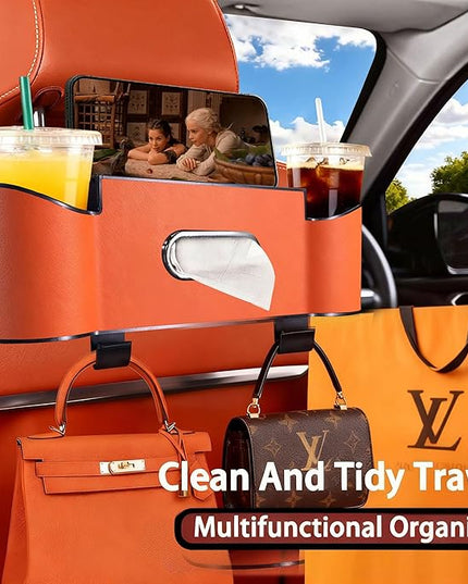 Backseat Car Organizer,4 in 1 Multifunctional Car Back Seat Storage Box with Drink Cup Holder Tissue Box, for Hold Phone,Snacks, Drinks, Handbag (Orange)