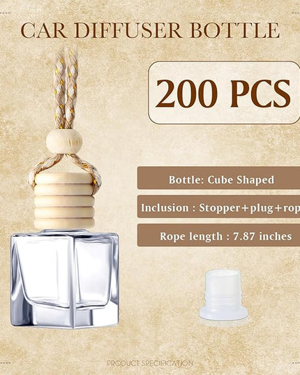 BBTO 200 Pcs Hanging Car Diffuser Bottles Bulk, Empty Clear Glass Air Freshener Bottles with Wooden Cap for Perfume Essential Oils Fragrance Aromatherapy Ornament(Square)