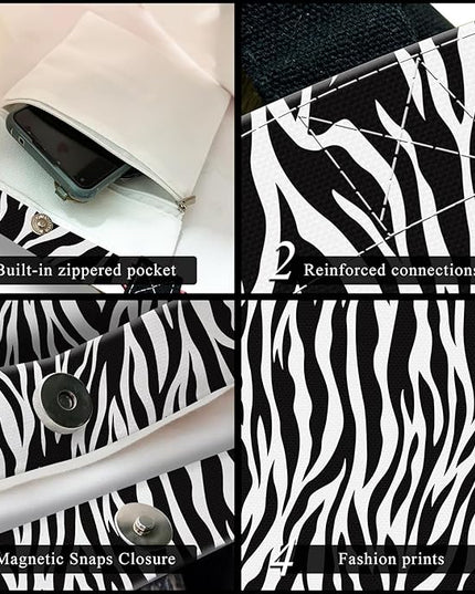 Canvas Tote Bag for Women，Cute Heavy-Duty Shoulder Bag with Zipper Pocket -Travel Tote for Grocery, Gym,Shopping