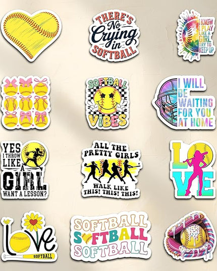 12PCS Softball Stickers for Girls Boys Kids, Softball Stickers for Water Bottles Helmet Poster Board, Softball Decals Vinyl Stickers Waterproof