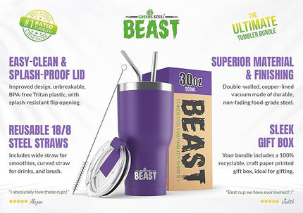 Beast 30 oz Tumbler Stainless Steel Vacuum Insulated Coffee Ice Cup Double Wall Travel Flask (Purple)