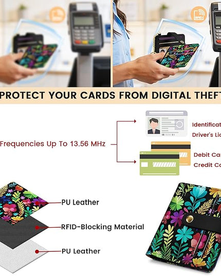 Sodsay Small Slim Wallet Women RFID Blocking, PU Leather Bifold Ladies Wallet with Zipper Coin Pocket, Thin Cute Travel Card Wallets for Girls, Black Garden
