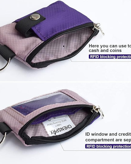 Minimalist RFID Blocking Small Wallet with ID Window,WaterResistant Zip Id Case Wallet with Lanyard Keychain for Cards,Cash,Travel,Women,Men
