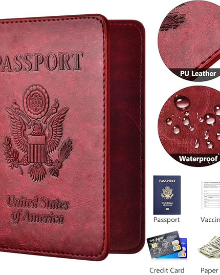 Passport and Vaccine Card Holder Combo with Vaccine Card Slot, Passport Wallet/ Cover/Case/Holder for Women and Men（AC-Wine red）