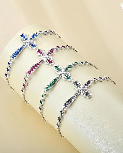 YL Cross Bracelet 925 Sterling Silver Infinity Sideways Link Bracelet Birthstone Jewelry for Women