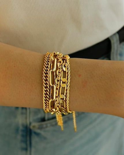 Waterproof Gold Chain Bracelet For Women Non Tarnish,14K Gold Plated Link Dainty Bracelets Stake Layered Bracelet Set Hypoallergen Gold Jewelry