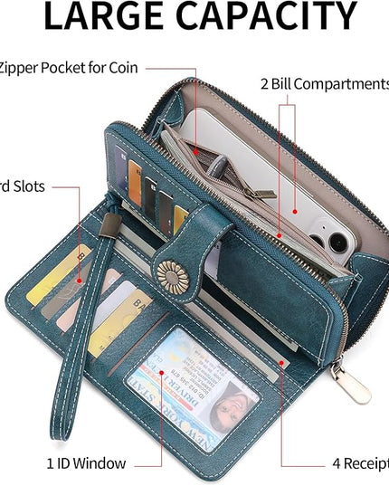 SENDEFN Wallet for Women RFID Blocking Leather Clutch Long Purse Large Capacity Credit Card Holder Wristlet