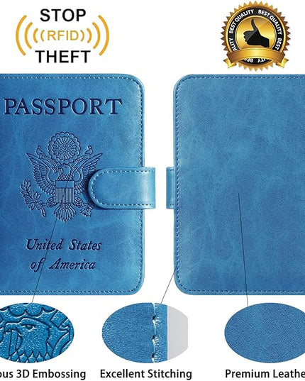 Passport Holder Cover Wallet RFID Blocking Leather Card Case Travel Accessories for Women Men (Blue)
