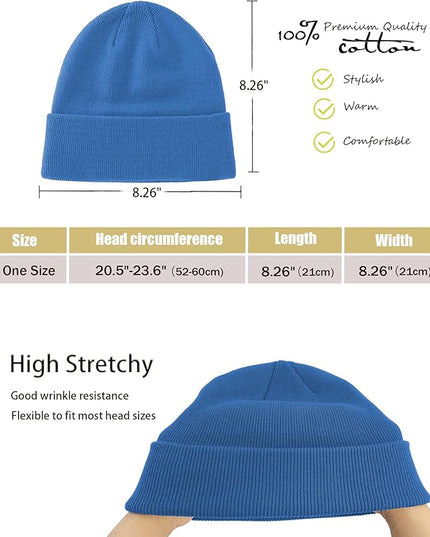 100% Cotton Beanie Hat- Unisex Ultra Soft Winter Warm Stretch Knit Cuffed Hats Fisherman Beanies Skull Cap