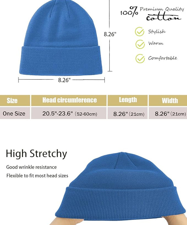 100% Cotton Beanie Hat- Unisex Ultra Soft Winter Warm Stretch Knit Cuffed Hats Fisherman Beanies Skull Cap