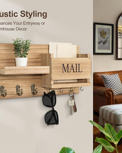 Lwenki Mail Organizer for Wall Mount – Key Holder with Shelf Includes Letter Holder and Hooks for Hallway Farmhouse Decor – Rustic Wood with Flush Mounting Hardware (16.5” x 9.1” x 3.4”) (Wood)