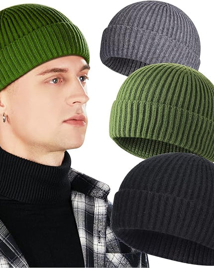 3 Pack Wool Fisherman Beanies for Men, Short Knit Watch Cap Cuffed Trawler Hats