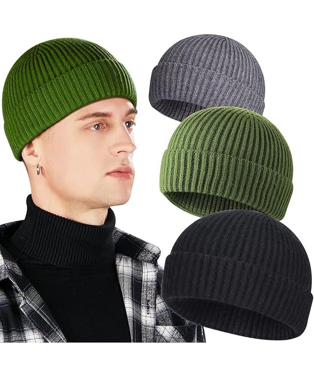 3 Pack Wool Fisherman Beanies for Men, Short Knit Watch Cap Cuffed Trawler Hats