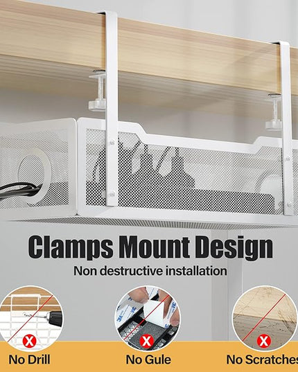 Under Desk Cable Management Tray White, Cinati Wire Organizers No Drill, Cable Tray with Clamp for Wire Management, Cord Organization Box for Office, Home - No Damage to Desk