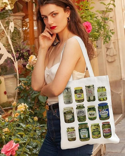 Aesthetic Canvas Tote Bag with Zipper Pockets & Snaps for Women,Reusable Shopping Grocery Bags Gifts -Work, Gym