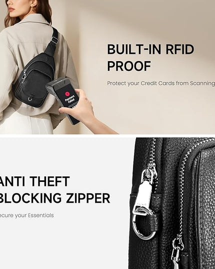 befen Anti Theft Genuine Leather Sling Bag for Women RFID Small Crossbody Bag Chest Bag Leather Fanny Packs for Travel