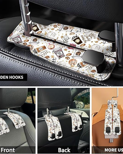 Car Seat Headrest Hook, Universal Leather Cute Hanger Holder Hook, Storage Organizer Interior Accessories for Purse Bags Handbag Funny Coffee Pattern