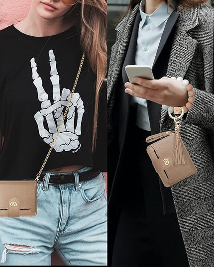 Multi-Purpose Wallet High Capacity Card Holder Zipper Coin Purse with Wristlet Bracelet Keychain Silicone Beaded Bangle Key Ring