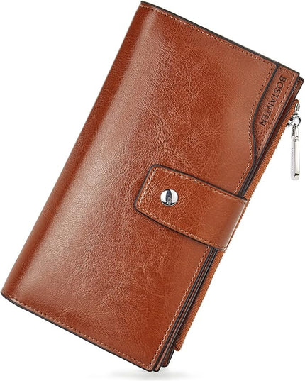 BOSTANTEN Womens Leather Wallets RFID Blocking Large Capacity Credit Cards Holder Phone Clutch Brown Orange