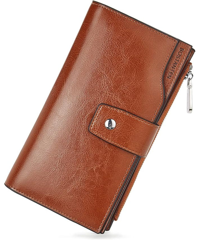 BOSTANTEN Womens Leather Wallets RFID Blocking Large Capacity Credit Cards Holder Phone Clutch Brown Orange