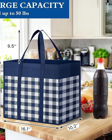 WISELIFE Reusable Grocery Shopping Bags 10 Pack Large Foldable Tote Bags Bulk, Long Handle for Shopping Groceries Clothes (Plaid A)