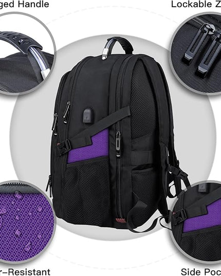 Extra Large Backpack, Travel Laptop Backpack, Sturdy TSA Water Resistant 17.3 Inch Carry on Backpacks with USB Port, Anti Theft Business Computer Backpacks Gifts for Men Women, Purple