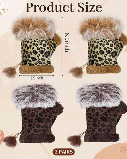 SATINIOR Women Fur Fingerless Gloves Winter Rabbit Fur Lined Half Finger Mittens for Women Girls Teen Working Writing