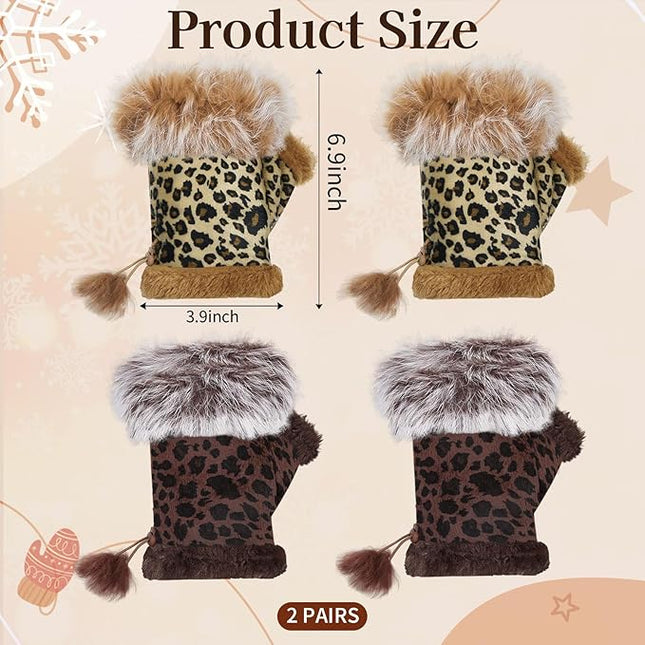 SATINIOR Women Fur Fingerless Gloves Winter Rabbit Fur Lined Half Finger Mittens for Women Girls Teen Working Writing
