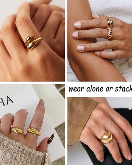 ÌF ME 10 PCS Gold Rings Set for Women Non Tarnish, 18K Gold Plated Chunky Stackable Rings, Statement Stacking Womens Ring Pack