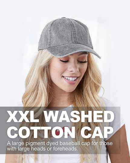 XXL Oversize Washed Denim Baseball Cap,Low Profile Jean Sports Cap for Big Heads 23.5"-25.5",Large Pigment Dyed Dad Hat