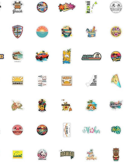 BulbaCraft 100Pcs Hawaii Stickers for Water Bottle and Laptop - Hawaiian Party Supplies & Decorations, Waterproof Vinyl Decals, State Pride and Icon Stickers, Gifts for Women & Men