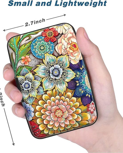 Atufsuat Credit Card Holder, Mini Aluminum Card Wallet RFID Blocking Slim Metal Hard Card Case for Women Men, Mandala Flower