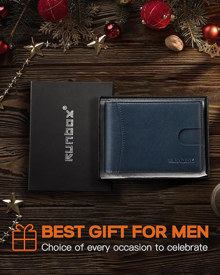 RUNBOX Slim Wallet for Men Genuine Leather RFID Blocking Bifold Minimalist Front Pocket Mens Wallet with Money Clip Thin Gift Box