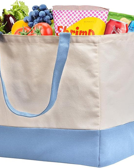 Reusable Grocery Bags Heavy Duty, 8.3 gal Foldable Large Canvas Tote Bag with Handles, Holds 60 lbs Canvas Shopping Bags, 1 Pack（Off White+Light Blue）