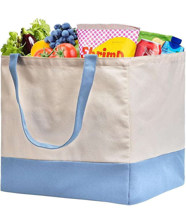 Reusable Grocery Bags Heavy Duty, 8.3 gal Foldable Large Canvas Tote Bag with Handles, Holds 60 lbs Canvas Shopping Bags, 1 Pack（Off White+Light Blue）