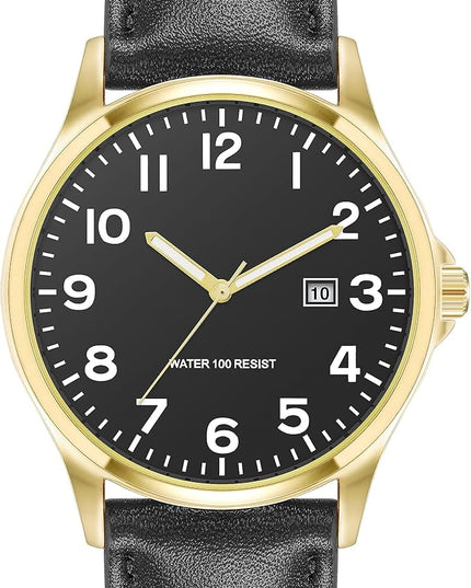 Amazon Essentials Men's Easy to Read 42mm Leather Band Analog Watch