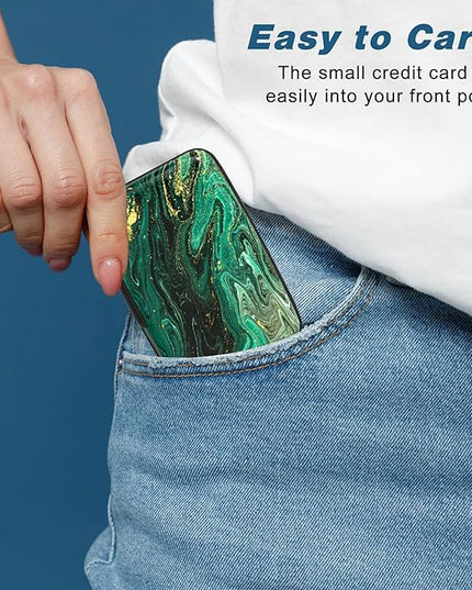 Atufsuat Credit Card Holder, Mini Aluminum Card Wallet RFID Blocking Slim Metal Hard Card Case for Women Men, Green Gold Marble