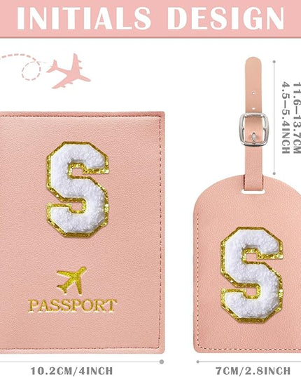 COSHAYSOO Passport Cover Holder and Luggage Tag Set with Initial Chenille Letter Patch A-Z for Women Teenage Girls, Vaccine Card Slot Travel Bag Suitcase Identifier Pink S