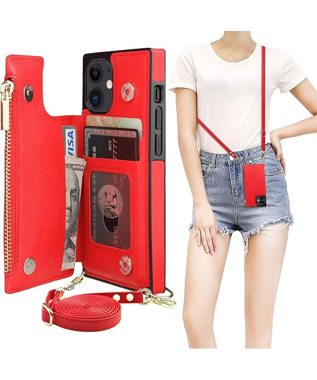 Bocasal Crossbody Wallet Case for iPhone 12 Mini with Card Holder,Zipper Card Slot Protector Shockproof Purse Cover with Removable Cross Body Strap 5.4 Inch(Red)