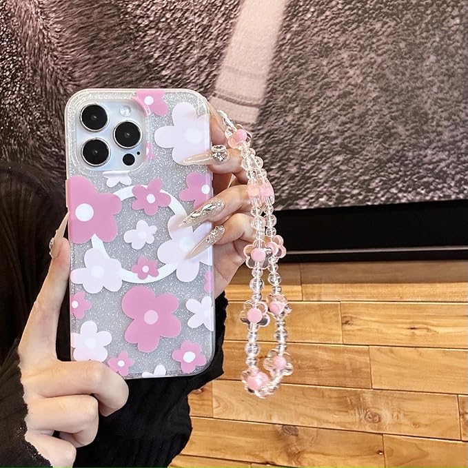 Compatible with iPhone 14 Cases Cute Bling Sparkly Floral Phone case,Flower with Wrist Strap Design, Compatible MagSafe Silicone Shockproof Phone case for Women and Teenage Girls.