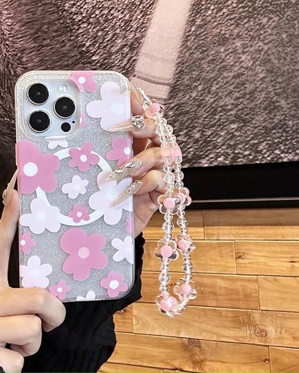 Compatible with iPhone 13 Pro Cases Cute Bling Sparkly Floral Phone case,Flower with Wrist Strap Design, Compatible MagSafe Silicone Shockproof Phone case for Women and Teenage Girls.