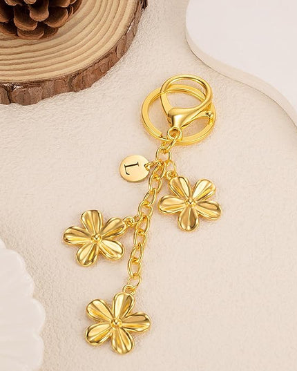 XGALBLA Gold/Silver Initial Keychain Flower Charms for Key Cute Letter Keyring for Purse Handbag Backpack