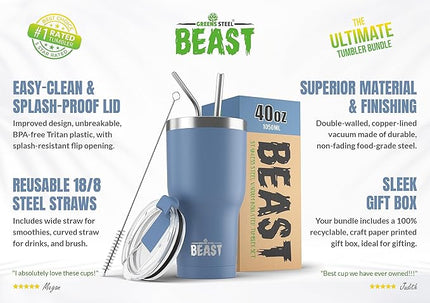 Beast 40 oz Tumbler Stainless Steel Vacuum Insulated Coffee Ice Cup Double Wall Travel Flask (Stormy Sky Blue)