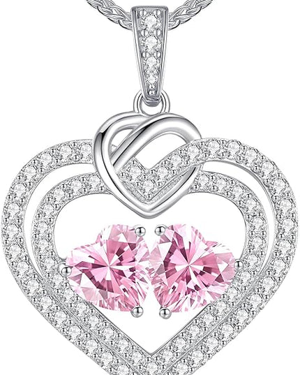 LOUISA SECRET Sparkling Double Heart Birthstone Necklaces for Women, 925 Sterling Silver Fine Jewelry, Pendant Heart Necklaces Birthday Anniversary Christmas Gift for Women Wife Mom Girlfriend Lady