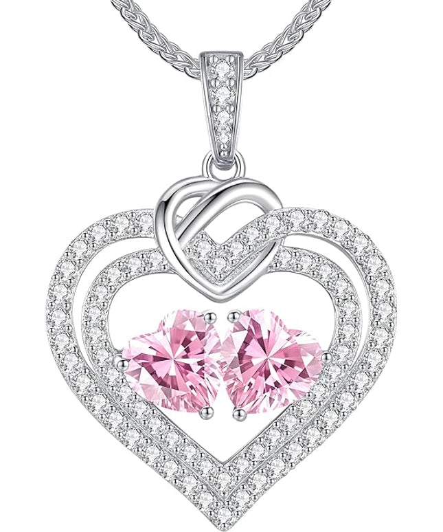 LOUISA SECRET Sparkling Double Heart Birthstone Necklaces for Women, 925 Sterling Silver Fine Jewelry, Pendant Heart Necklaces Birthday Anniversary Christmas Gift for Women Wife Mom Girlfriend Lady