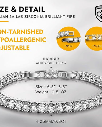 BUMBLEBEE Handmade Tennis Bracelet for Women, 14K Gold Plated, 12.96 CTTW Italian 5A Cubic Zirconia, Hypoallergenic, Adjustable 6–7.5 Inch Jewelry Gift Anniversary, Birthday, Valentine’s Day