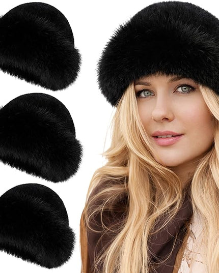 3 Pieces Women’s Faux Fur Bucket Hat Winter Warm Plush Furry Hat – Soft Fluffy Cold Weather Hat for Outdoor Travel
