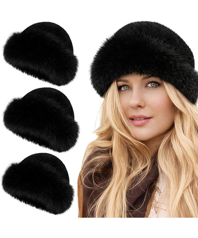 3 Pieces Women’s Faux Fur Bucket Hat Winter Warm Plush Furry Hat – Soft Fluffy Cold Weather Hat for Outdoor Travel