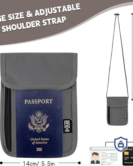 5.5" L x 7.9" W Travel Neck Wallet, RFID Blocking Passport Holder, Security Lightweight Passport Travel Wallet, Neck Pouch Gifts for Women Men(Grey)